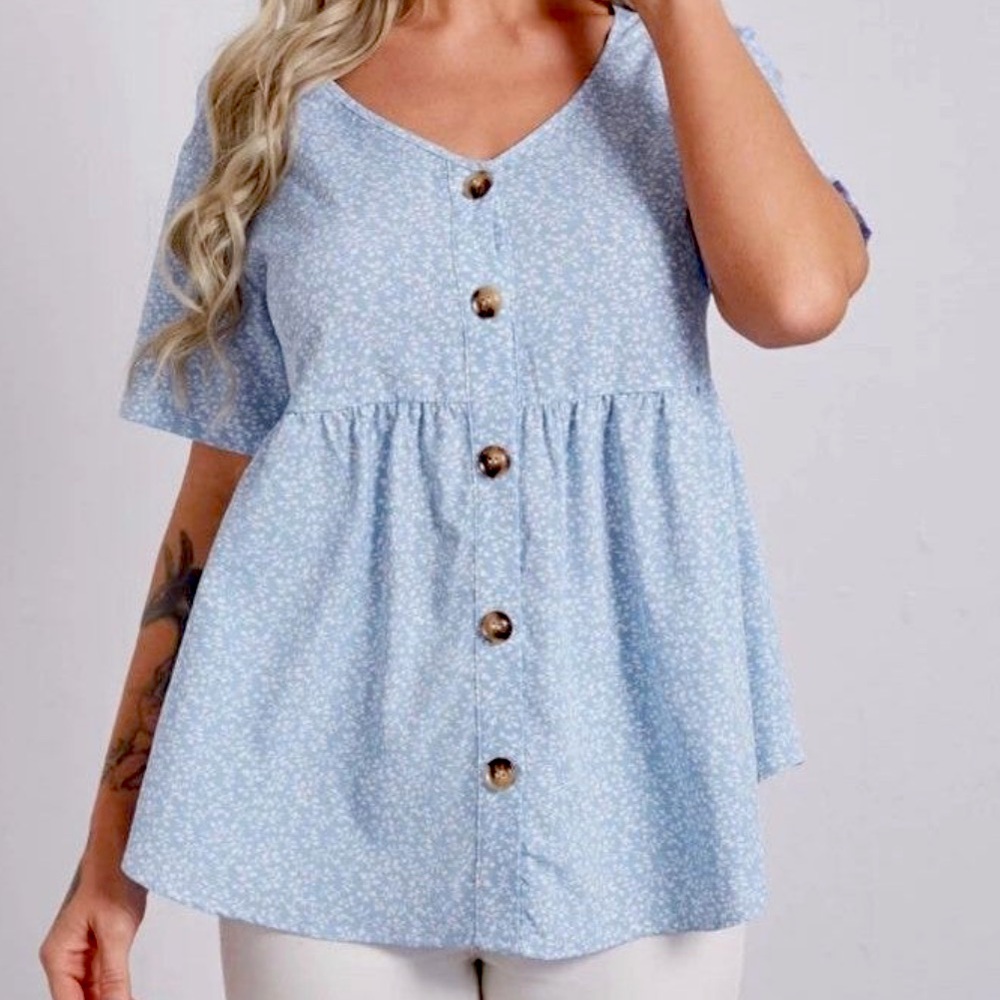 Shein Blue & White Floral Babydoll Peplum Button front Top Size Small